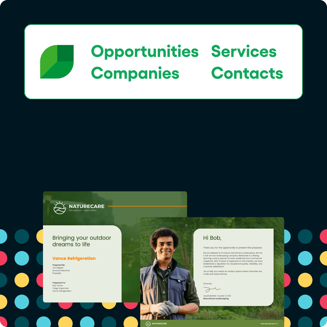 Animation listing Aspire data such as Opportunities, services, companies, and contacts, travelling to a Proposify proposal.