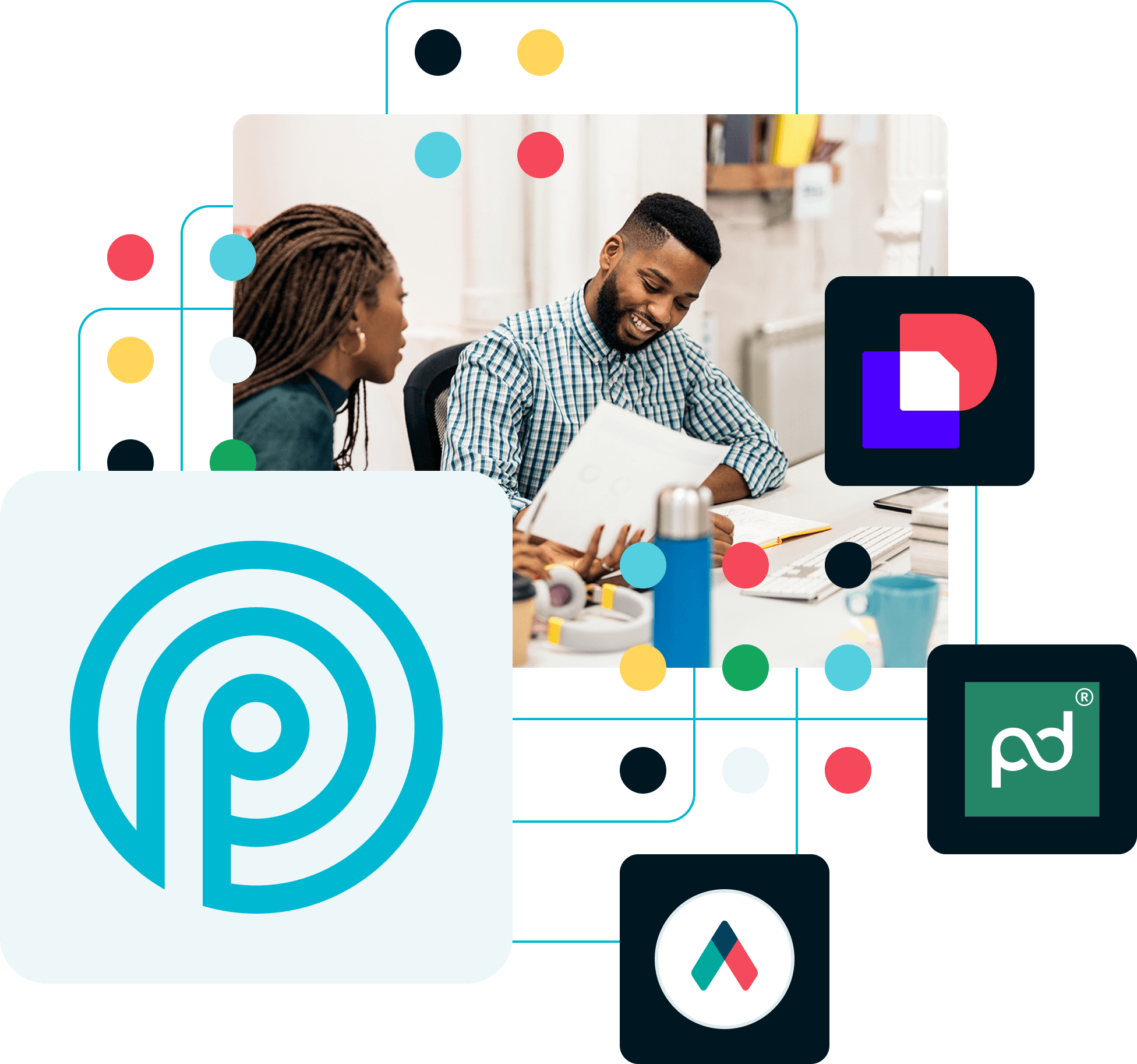 Two coworkers comparing notes in an office, alongside the logos for Proposify and competing software like PandaDoc, DocuSign, and Qwilr.